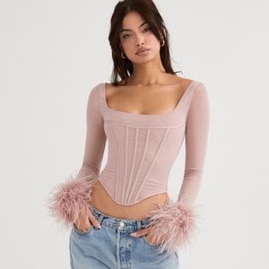 Blush Mesh Feather Trimmed Corset SIZE: M